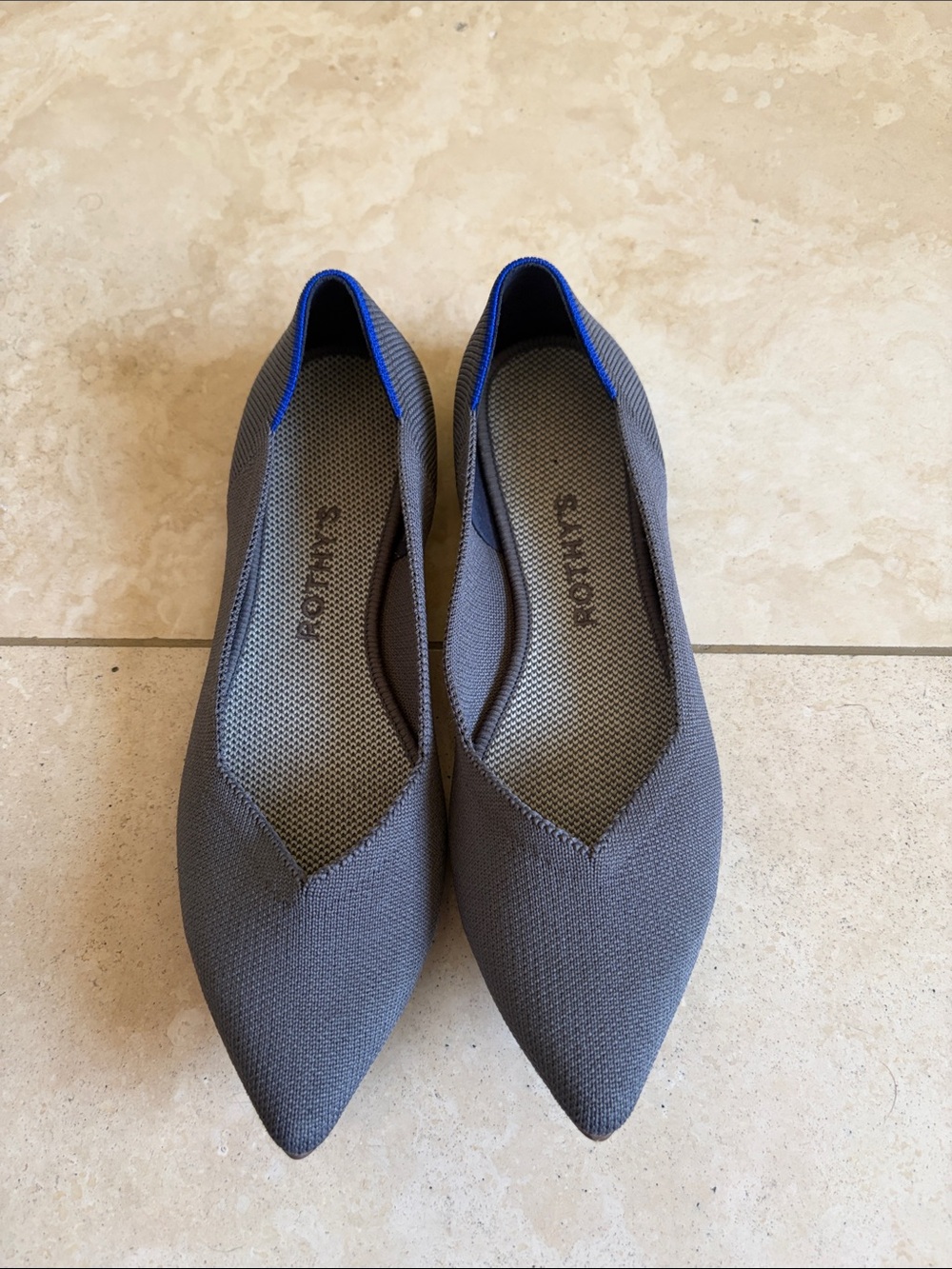 Rothy's Gray Pointed Flats with Blue Accent